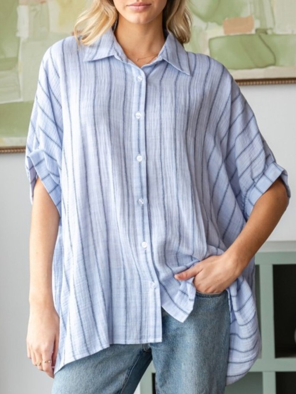 T11. Women's Blue Striped Oversized‎ Button-Down Shirt